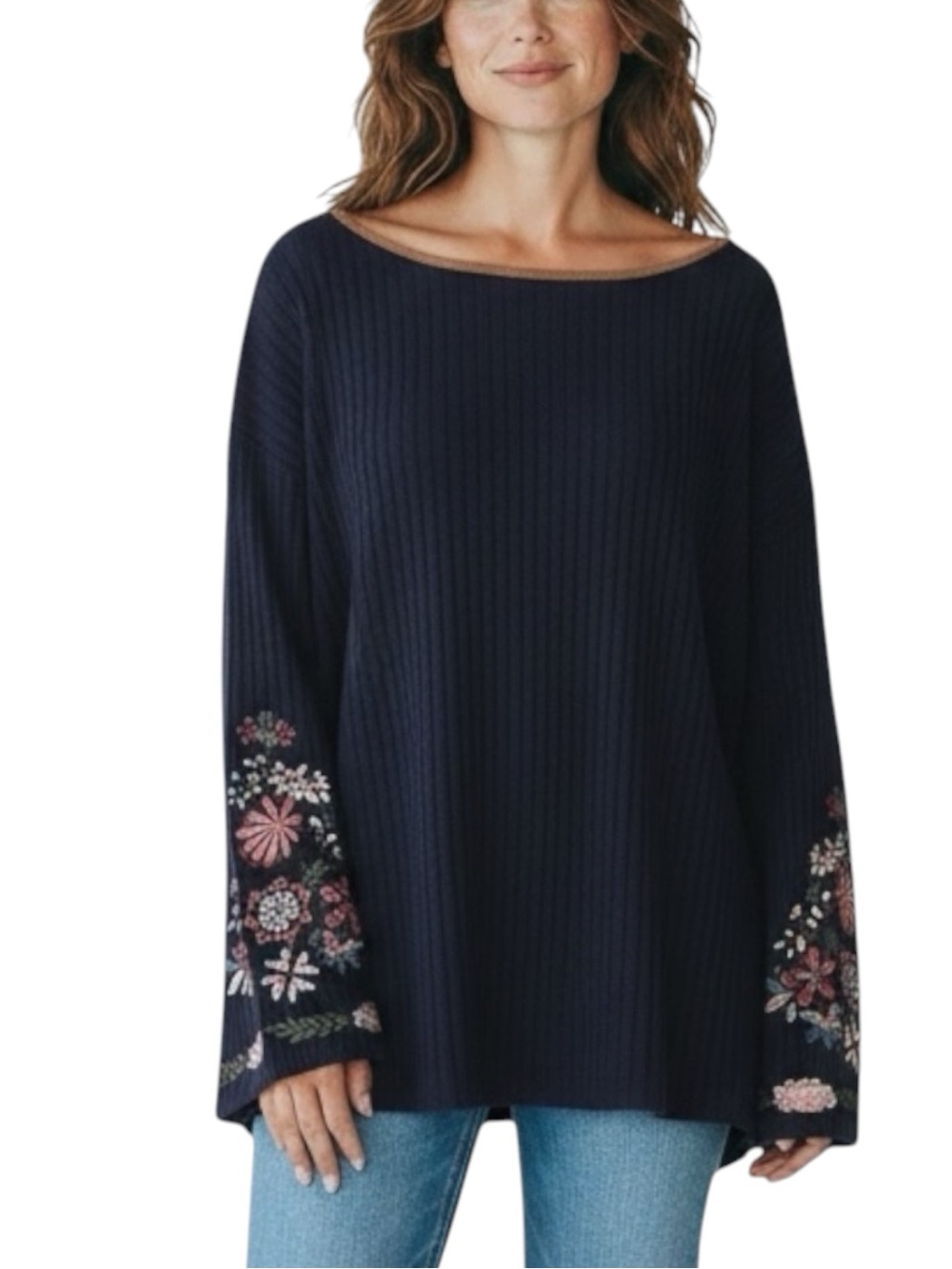 THML Boat Neck Embroidered Bell Sleeve Ribbed Sweater in Black Size XS — NWT!!!